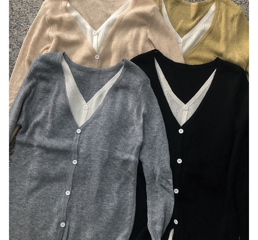 Two-Piece Mock Button-Up Knit V-Neck Two Top Tone Long-Sleeve