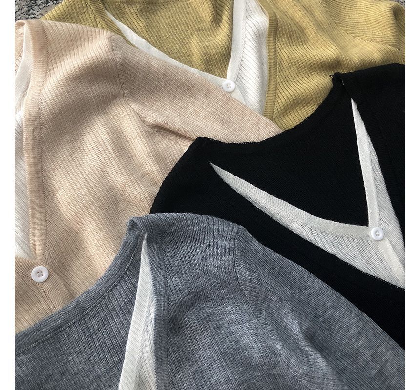 Two-Piece Mock Button-Up Knit V-Neck Two Top Tone Long-Sleeve