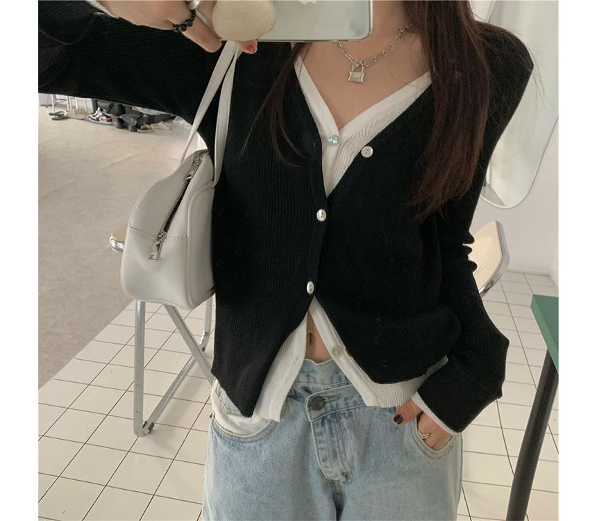 Two-Piece Mock Button-Up Knit V-Neck Two Top Tone Long-Sleeve