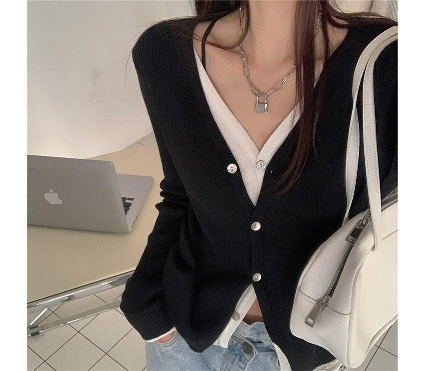 Two-Piece Mock Button-Up Knit V-Neck Two Top Tone Long-Sleeve