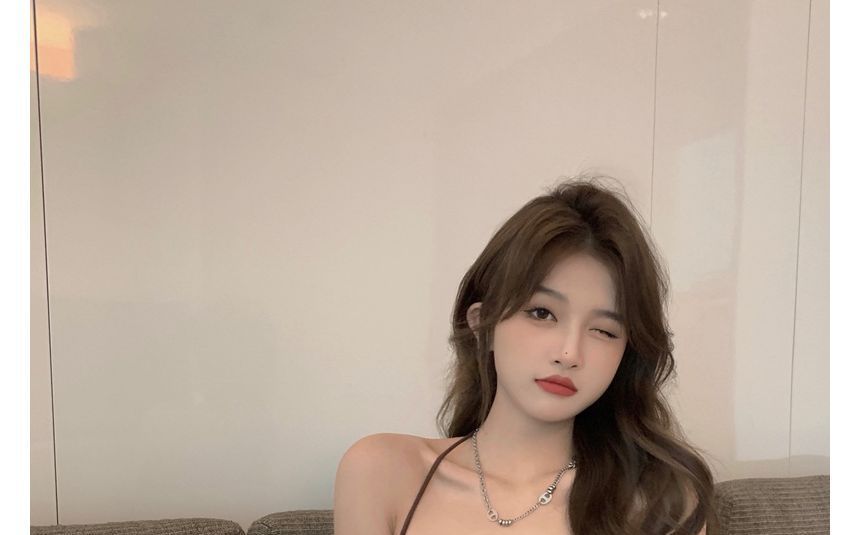 Halter Short-Sleeve Top Plain Slim-Fit