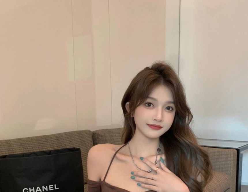 Halter Short-Sleeve Top Plain Slim-Fit