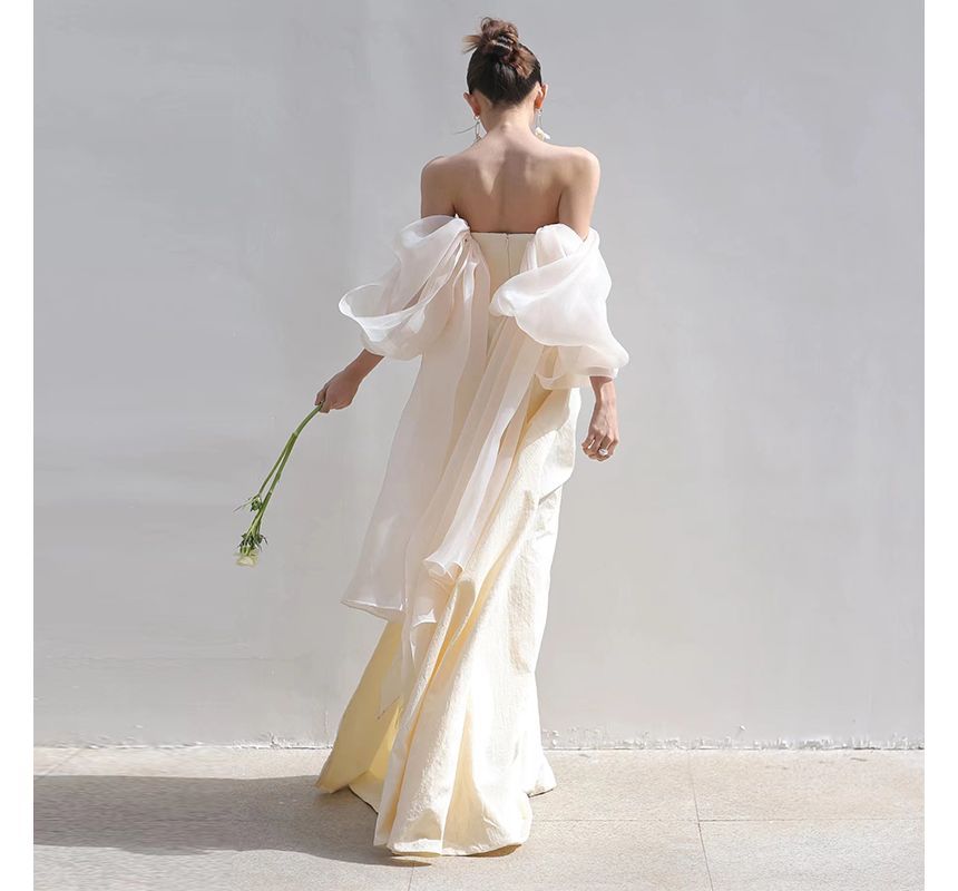 Puff-Sleeve Evening Off-Shoulder Gown Plain Sheath