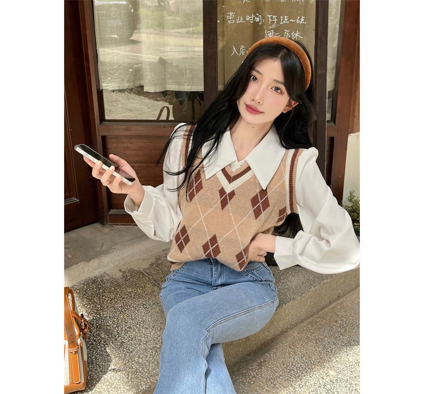 Puff-Sleeve / Vest Sweater Shirt Argyle V-Neck Plain