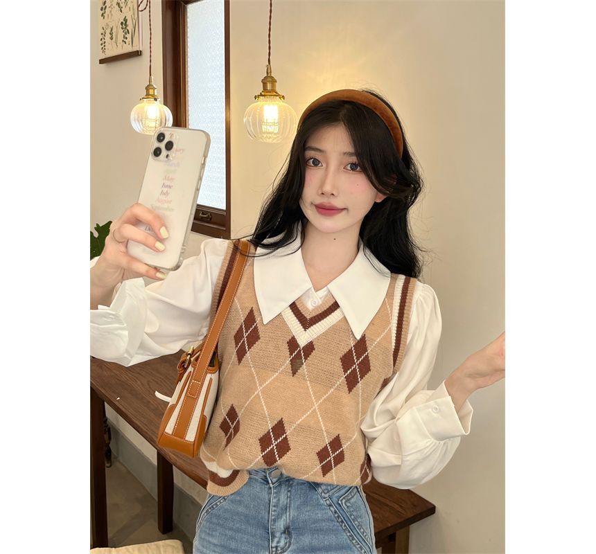 Puff-Sleeve / Vest Sweater Shirt Argyle V-Neck Plain