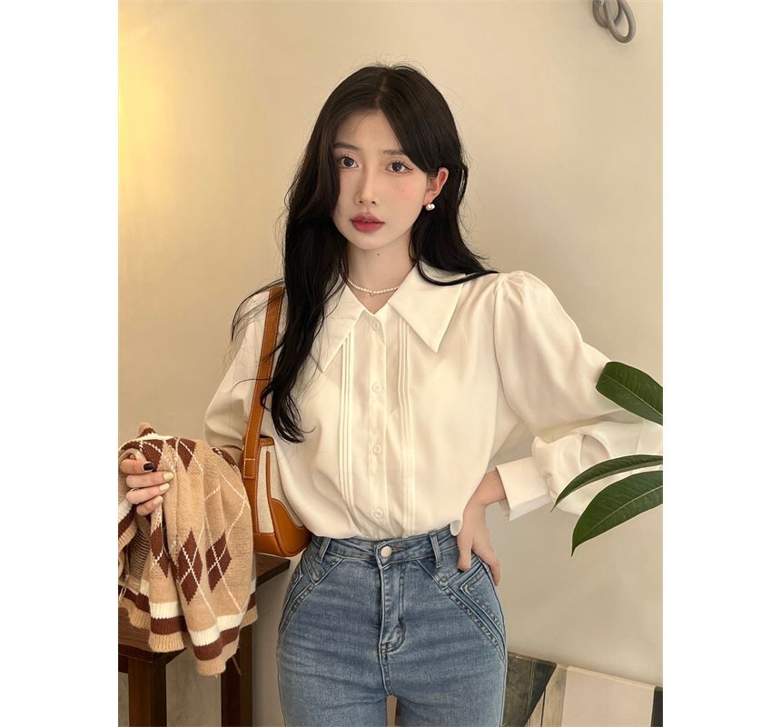 Puff-Sleeve / Vest Sweater Shirt Argyle V-Neck Plain