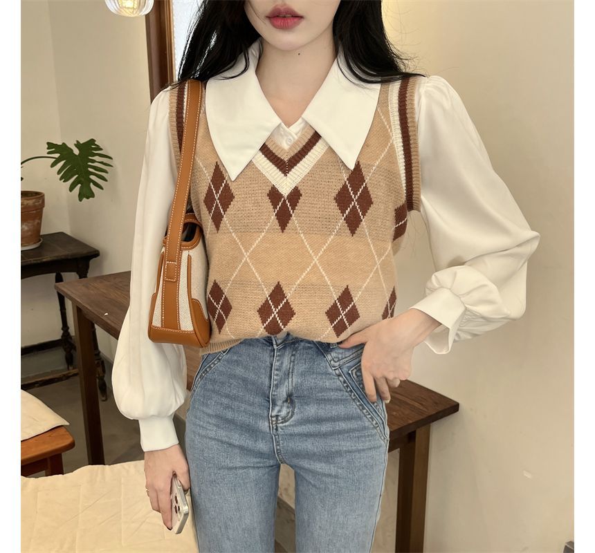 Puff-Sleeve / Vest Sweater Shirt Argyle V-Neck Plain
