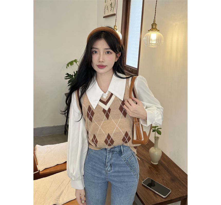 Puff-Sleeve / Vest Sweater Shirt Argyle V-Neck Plain
