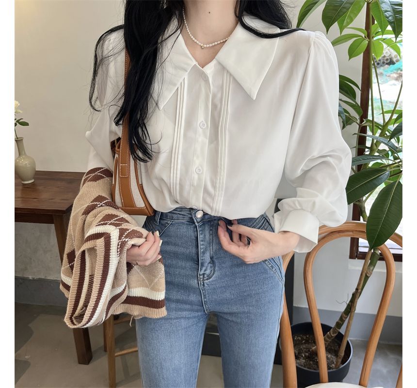 Puff-Sleeve / Vest Sweater Shirt Argyle V-Neck Plain