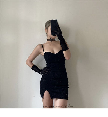 Bodycon Mini Long Strap Dress Spaghetti Gloves Sweetheart Neckline Set: + Rhinestone