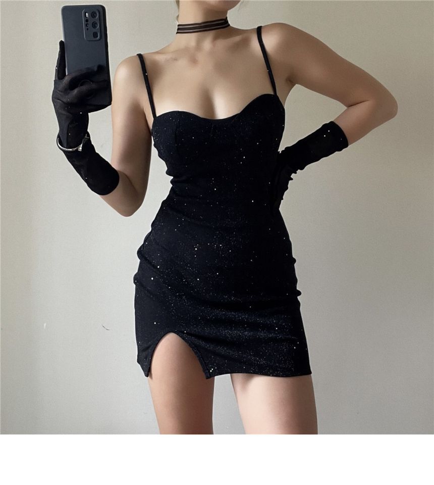 Bodycon Mini Long Strap Dress Spaghetti Gloves Sweetheart Neckline Set: + Rhinestone