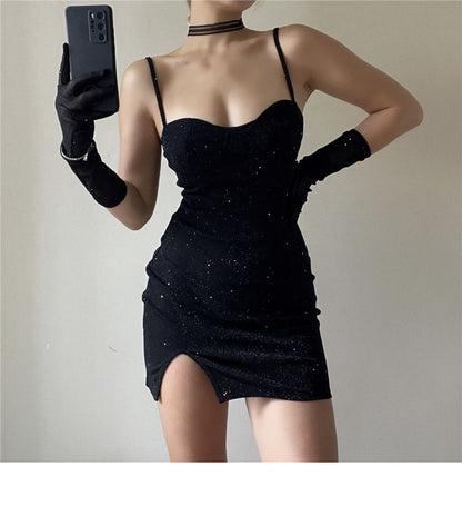 Bodycon Mini Long Strap Dress Spaghetti Gloves Sweetheart Neckline Set: + Rhinestone