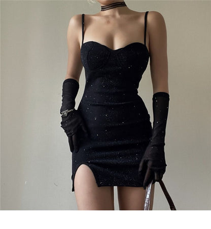 Bodycon Mini Long Strap Dress Spaghetti Gloves Sweetheart Neckline Set: + Rhinestone