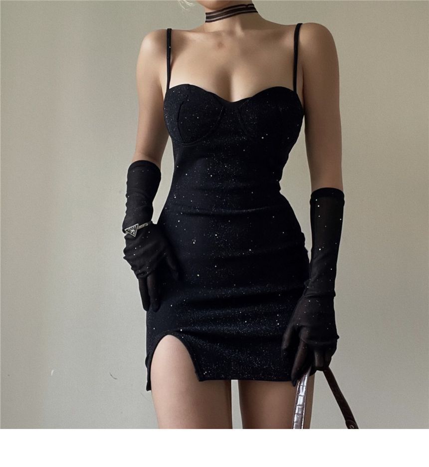 Gloves Bodycon + Set: Strap Spaghetti Mini Rhinestone Sweetheart Long Dress Neckline
