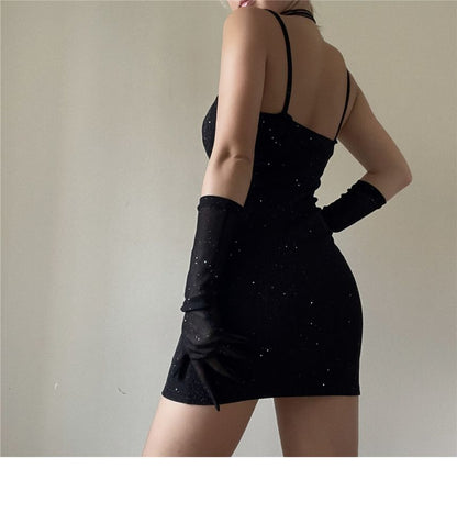 Bodycon Mini Long Strap Dress Spaghetti Gloves Sweetheart Neckline Set: + Rhinestone