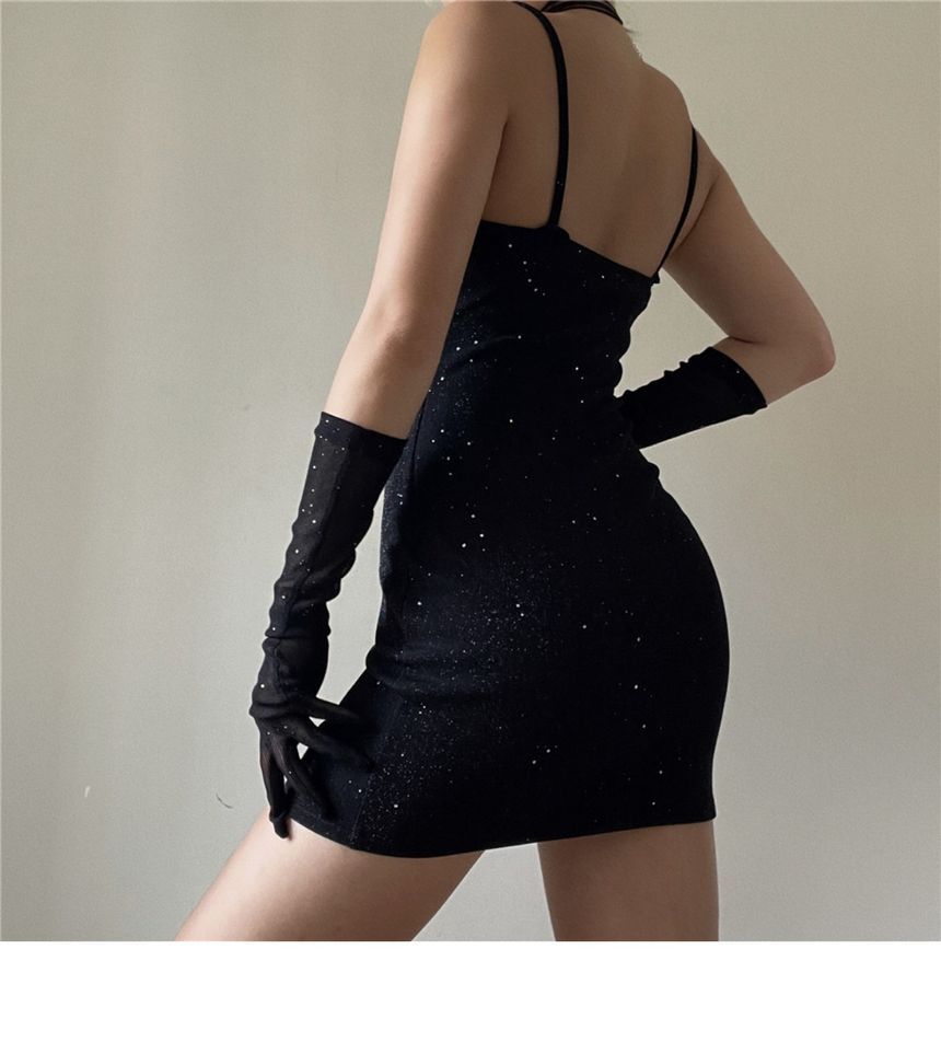 Gloves Bodycon + Set: Strap Spaghetti Mini Rhinestone Sweetheart Long Dress Neckline
