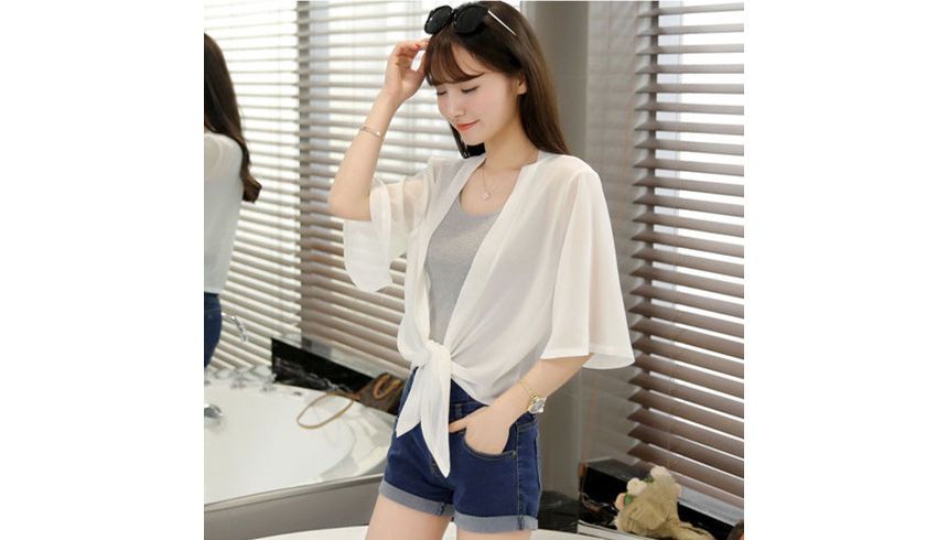 Jacket Crop Plain Tie Elbow-Sleeve Front Chiffon