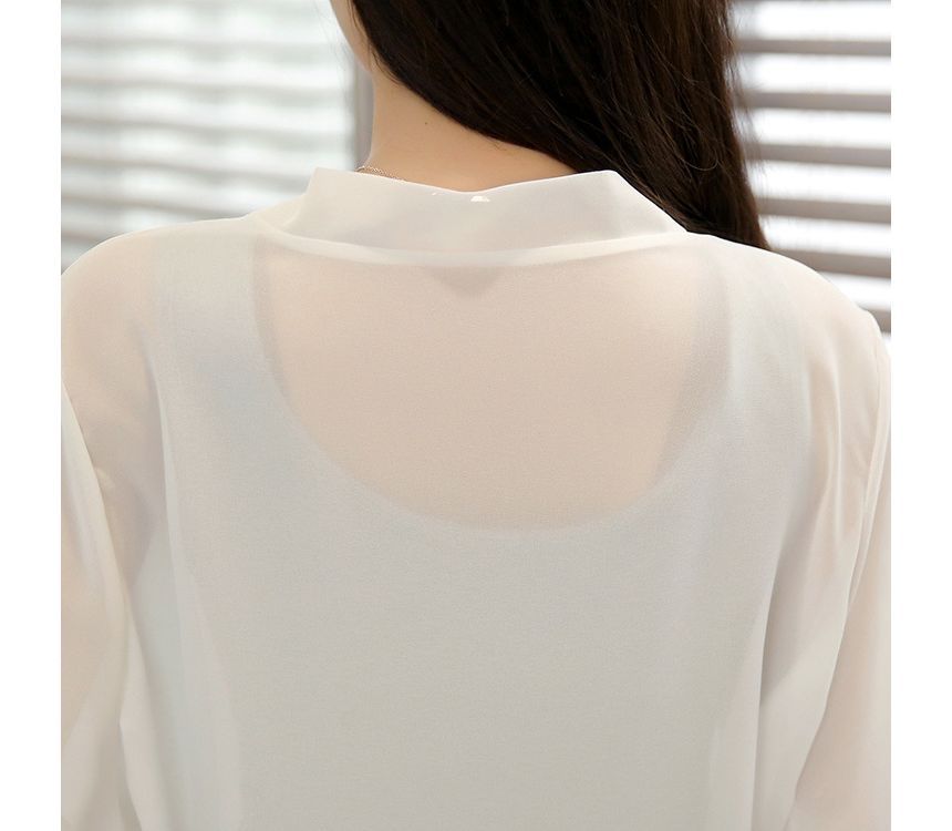 Jacket Crop Plain Tie Elbow-Sleeve Front Chiffon