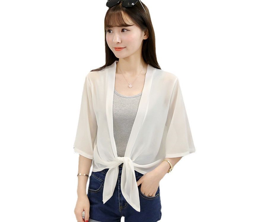Jacket Crop Plain Tie Elbow-Sleeve Front Chiffon