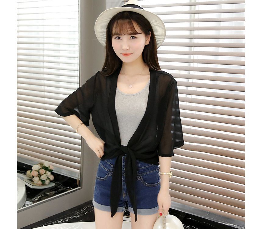 Jacket Crop Plain Tie Elbow-Sleeve Front Chiffon