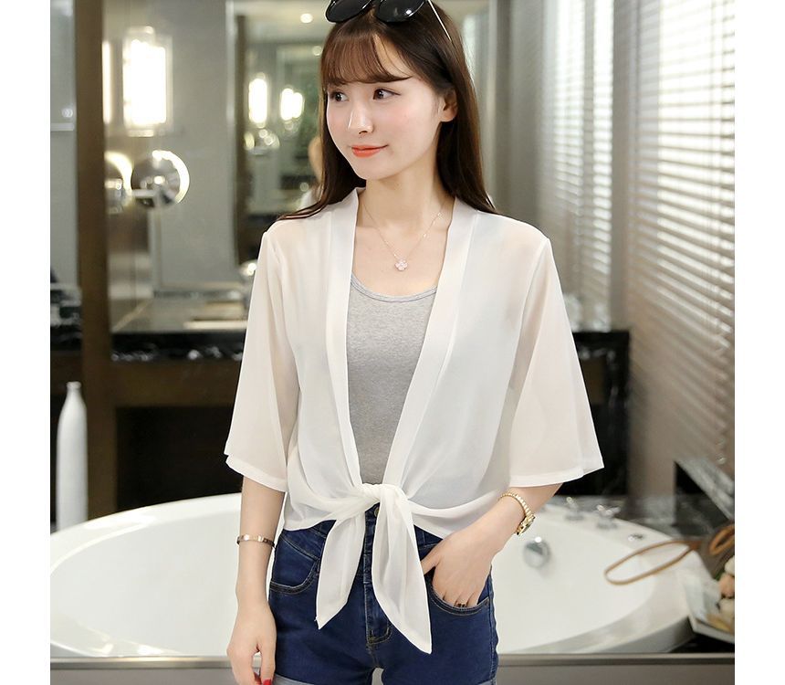 Jacket Crop Plain Tie Elbow-Sleeve Front Chiffon