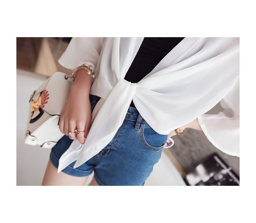 Front Tie Chiffon Jacket Plain Elbow-Sleeve Crop