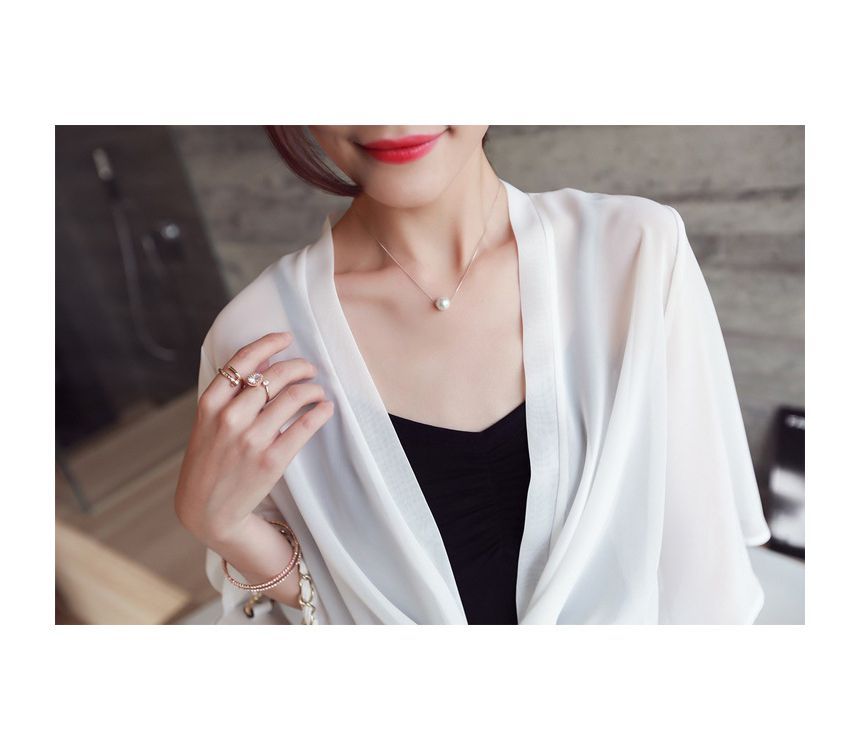 Front Tie Chiffon Jacket Plain Elbow-Sleeve Crop