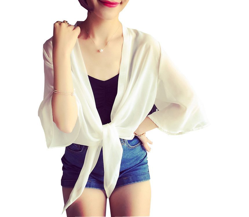 Front Tie Chiffon Jacket Plain Elbow-Sleeve Crop