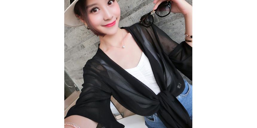 Front Tie Chiffon Jacket Plain Elbow-Sleeve Crop