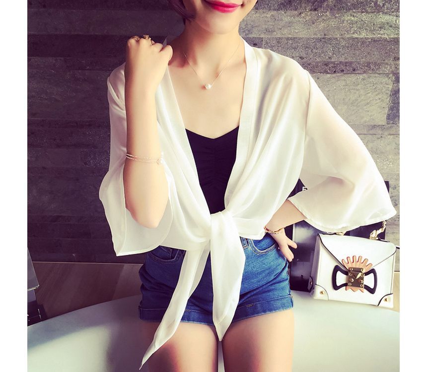 Front Tie Chiffon Jacket Plain Elbow-Sleeve Crop