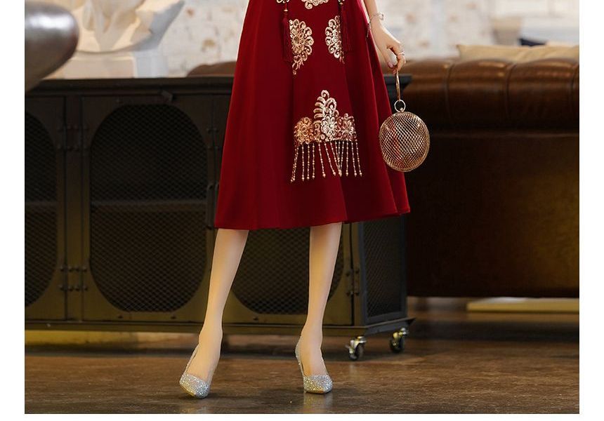 A-Line Cocktail Beaded Collar Embroidered Chinese Wedding Mandarin Fringe Midi Dress Elbow-Sleeve Gown /