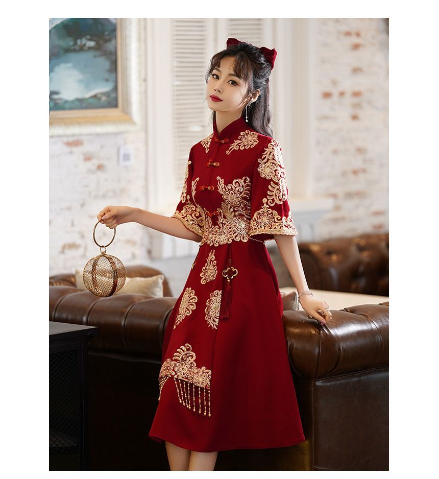 A-Line Cocktail Beaded Collar Embroidered Chinese Wedding Mandarin Fringe Midi Dress Elbow-Sleeve Gown /