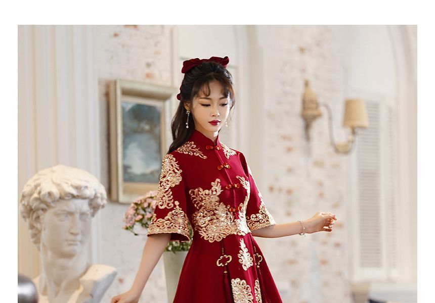 A-Line Cocktail Beaded Collar Embroidered Chinese Wedding Mandarin Fringe Midi Dress Elbow-Sleeve Gown /