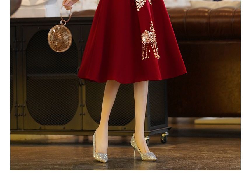 A-Line Cocktail Beaded Collar Embroidered Chinese Wedding Mandarin Fringe Midi Dress Elbow-Sleeve Gown /