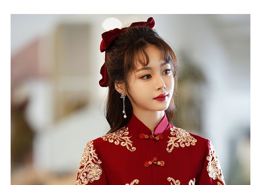 A-Line Cocktail Beaded Collar Embroidered Chinese Wedding Mandarin Fringe Midi Dress Elbow-Sleeve Gown /