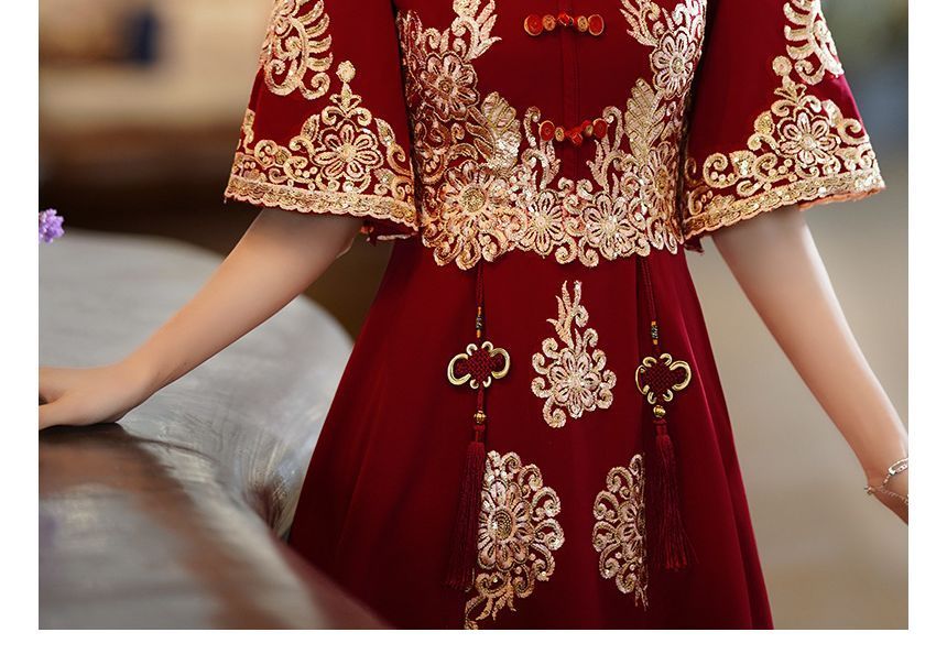 A-Line Cocktail Beaded Collar Embroidered Chinese Wedding Mandarin Fringe Midi Dress Elbow-Sleeve Gown /