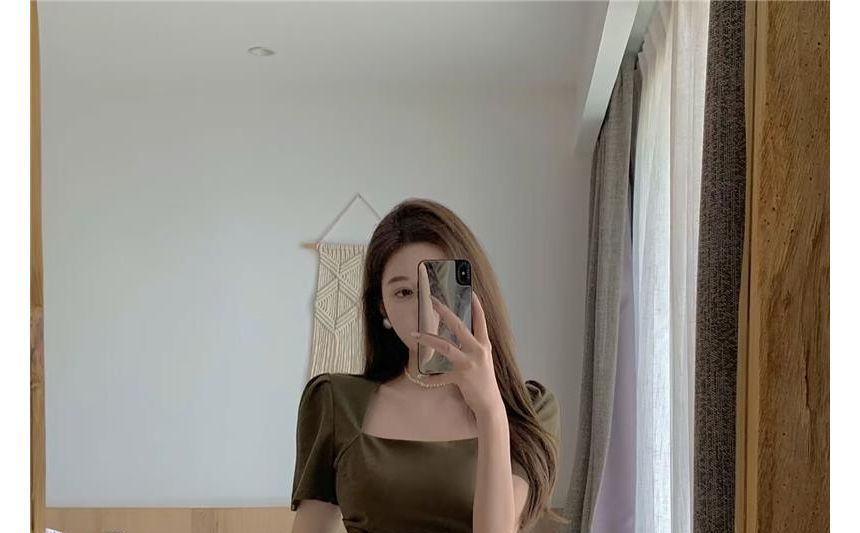 Plain Square A-Line Dress Mini Neck Short-Sleeve