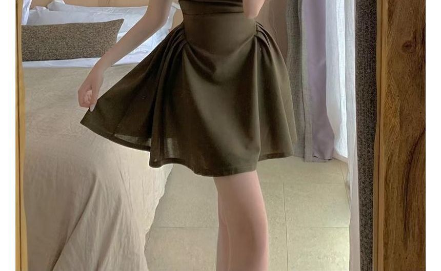 Plain Square A-Line Dress Mini Neck Short-Sleeve