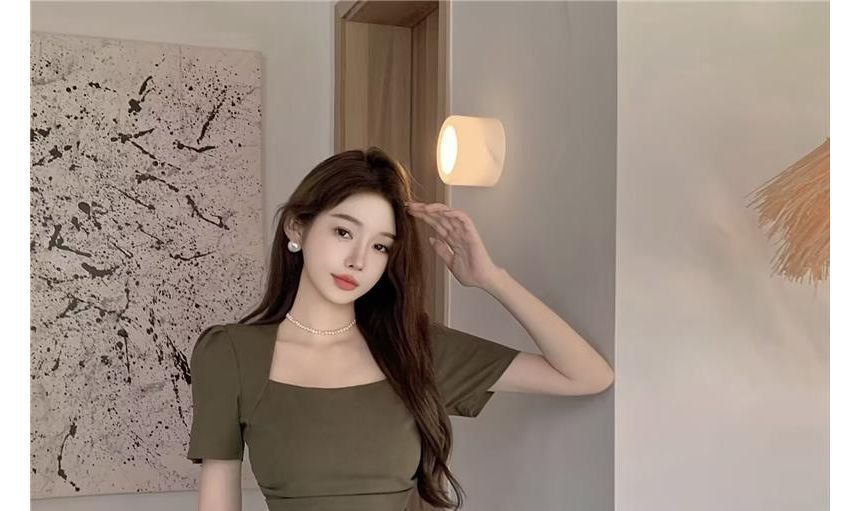 Plain Square A-Line Dress Mini Neck Short-Sleeve