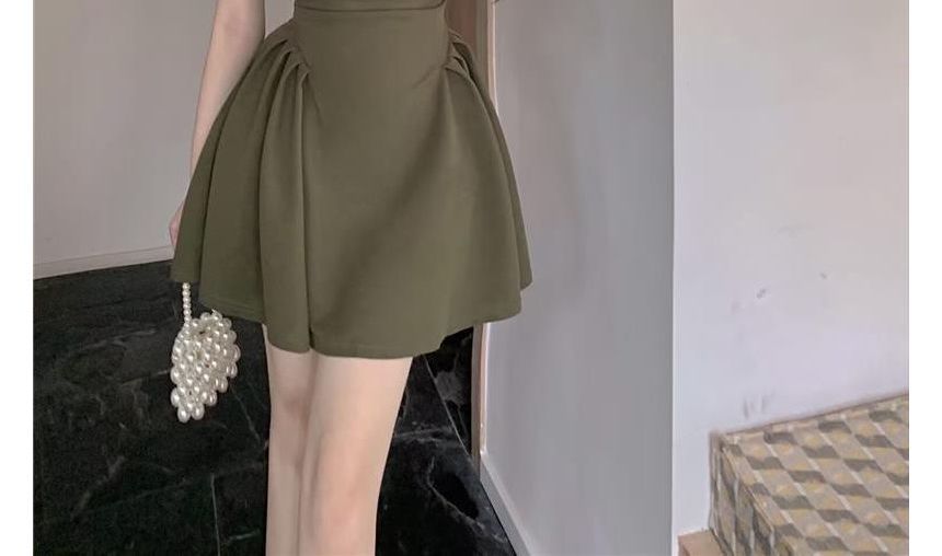 Plain Square A-Line Dress Mini Neck Short-Sleeve