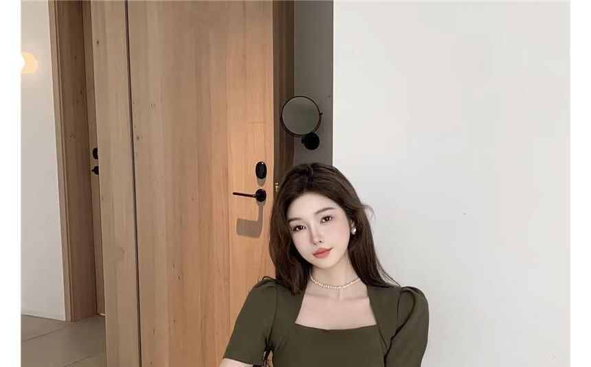 Plain Square A-Line Dress Mini Neck Short-Sleeve