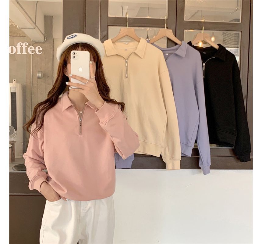 Sweatshirt Half-Zip Polo-Neck Plain Long-Sleeve