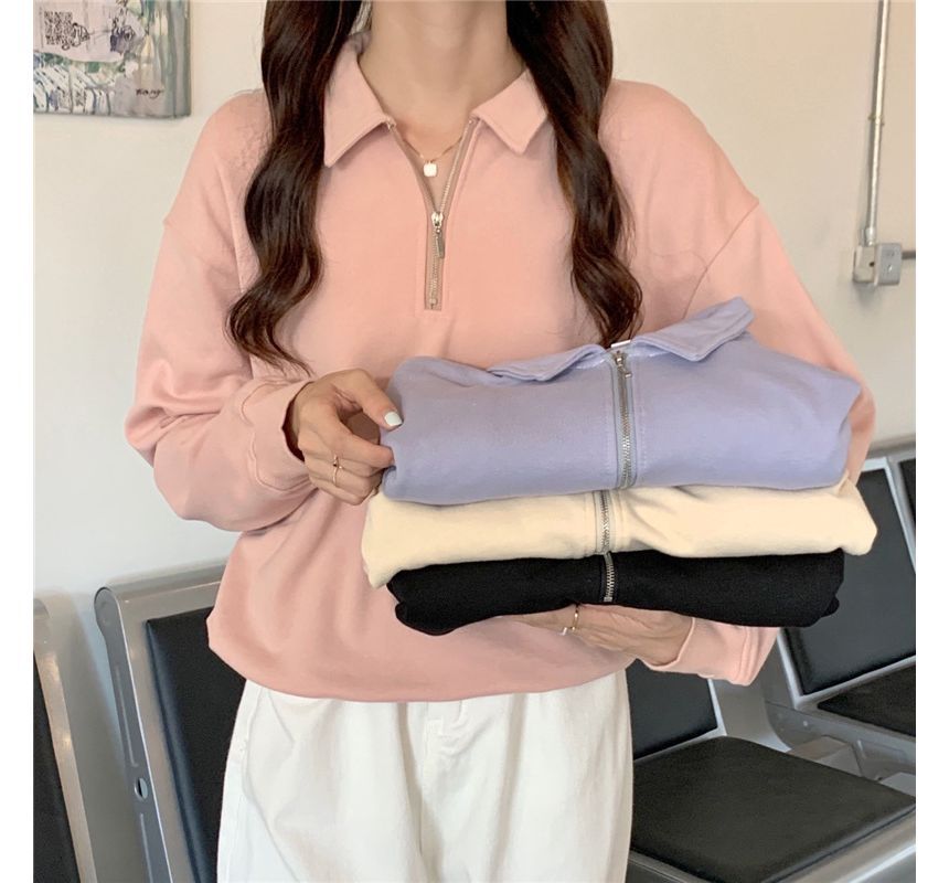 Sweatshirt Half-Zip Polo-Neck Plain Long-Sleeve