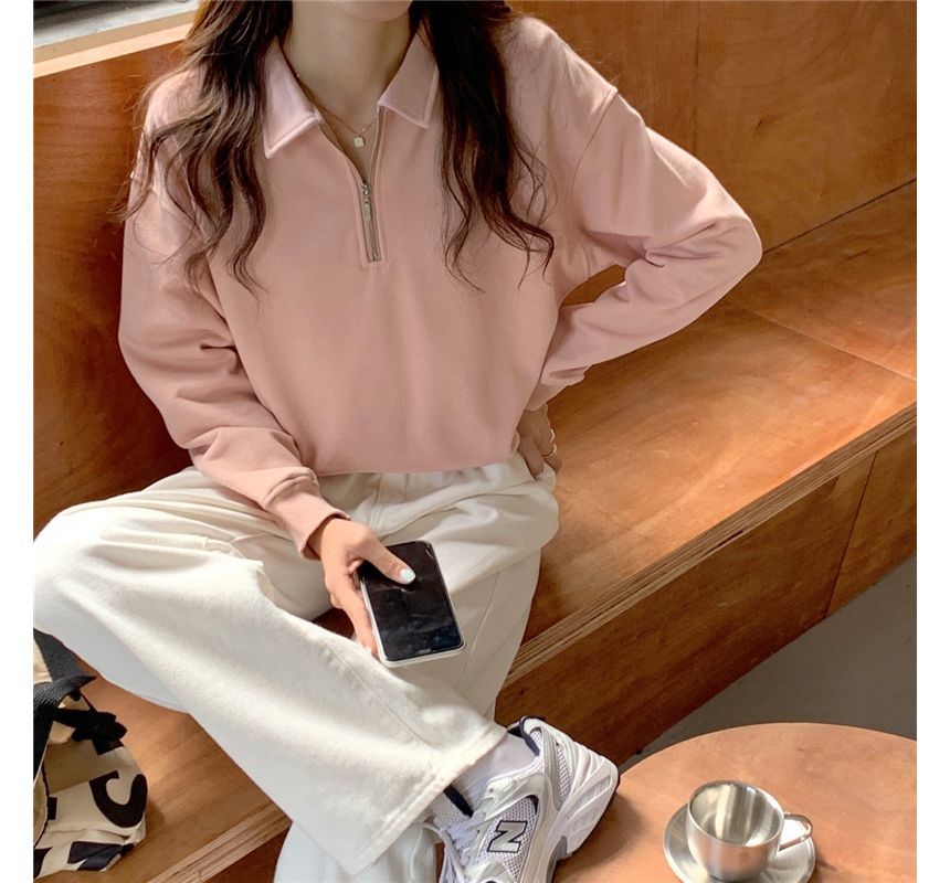 Sweatshirt Half-Zip Polo-Neck Plain Long-Sleeve