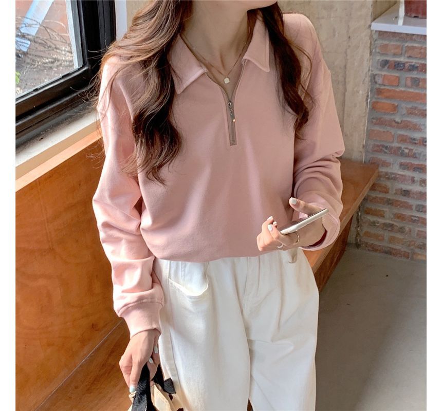 Sweatshirt Half-Zip Polo-Neck Plain Long-Sleeve