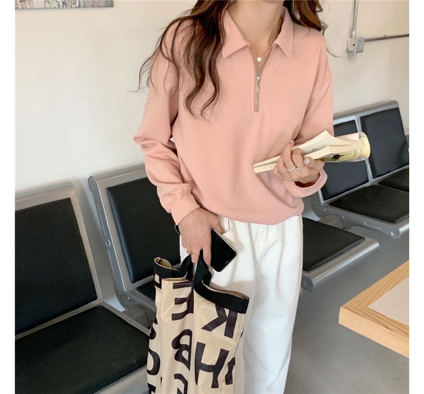 Sweatshirt Half-Zip Polo-Neck Plain Long-Sleeve