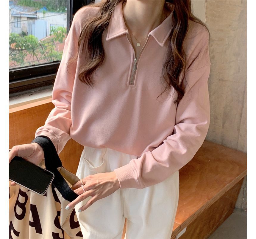 Sweatshirt Half-Zip Polo-Neck Plain Long-Sleeve