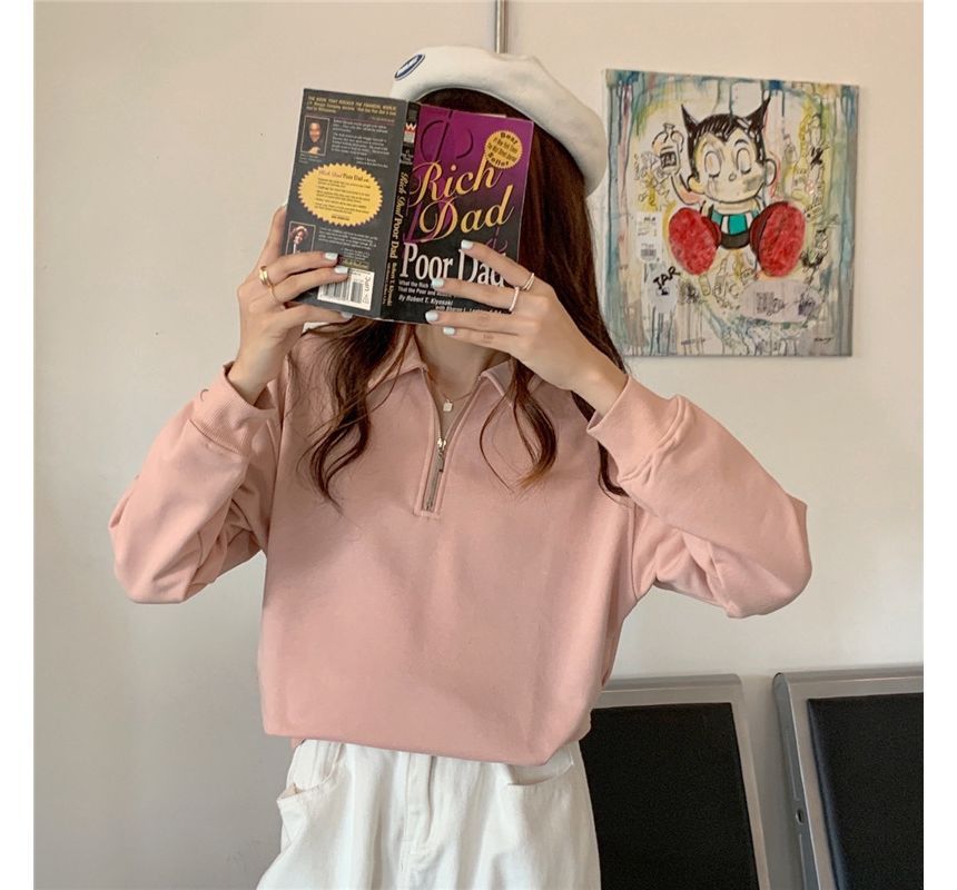 Sweatshirt Half-Zip Polo-Neck Plain Long-Sleeve