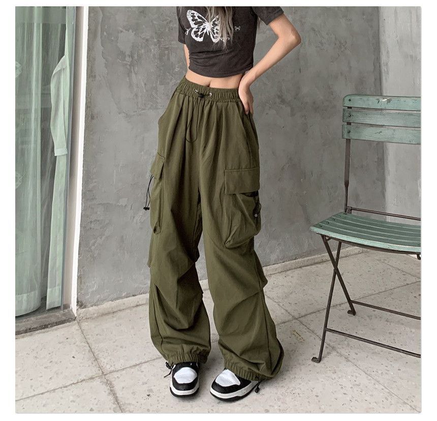 Plain Wide Pants Waist Cargo Drawstring Leg