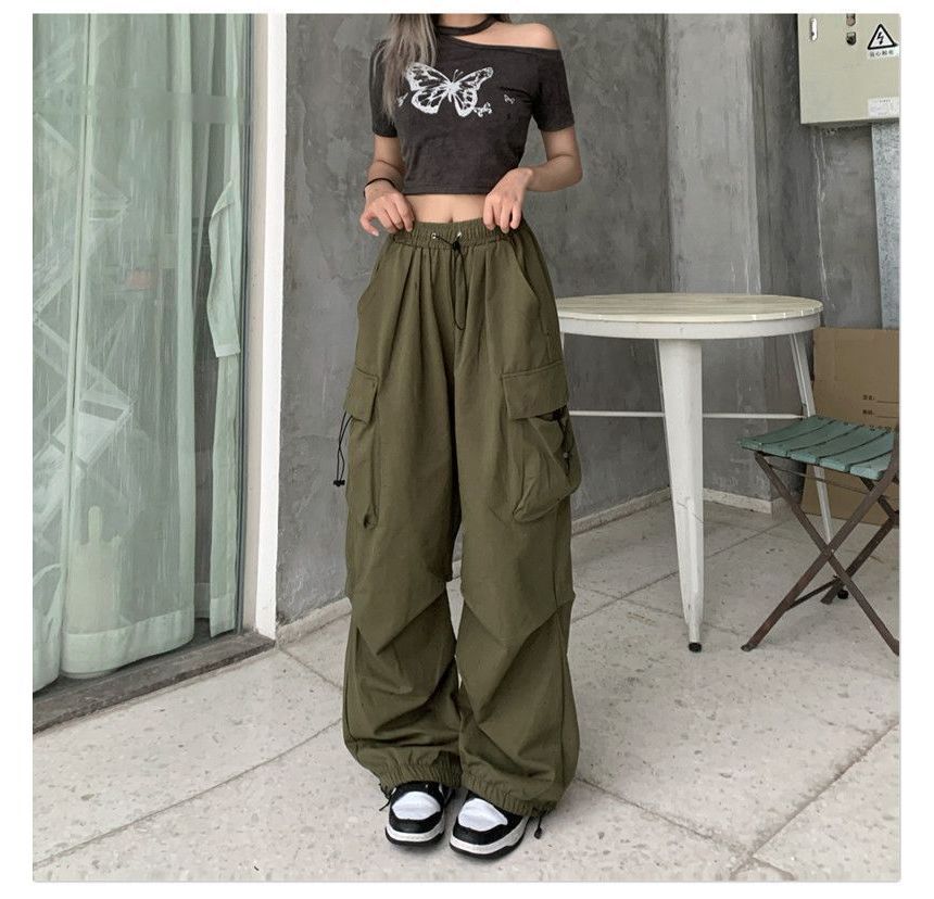 Plain Wide Pants Waist Cargo Drawstring Leg